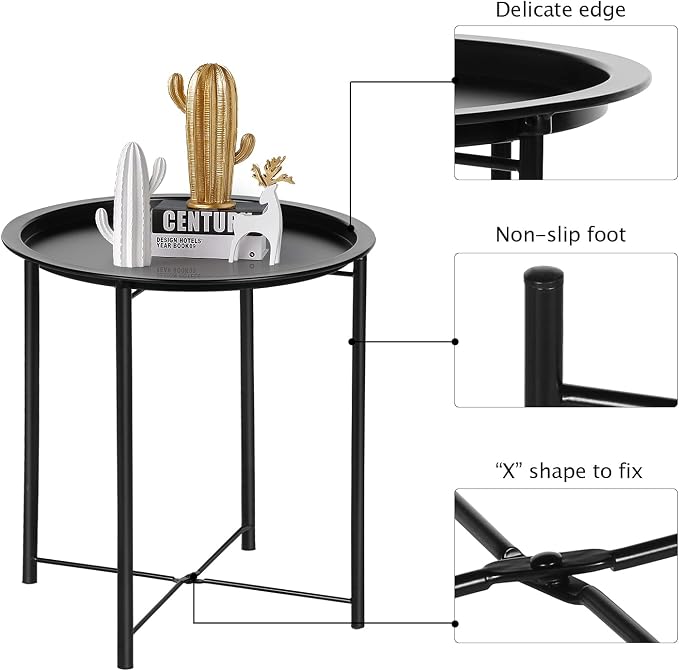 VECELO Side/End Table, Folding Round Metal Anti-Rust and Waterproof Outdoor or Indoor Tray for Living Room Bedroom Balcony and Office, 1 PCS, Black - Image 7