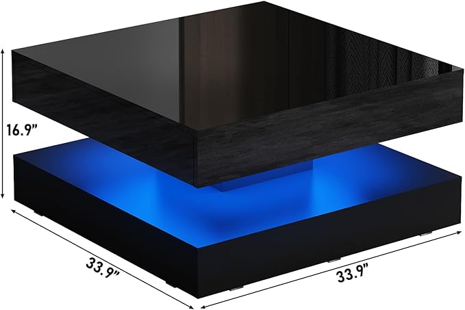 33.9" LED Coffee Table with Storage, Modern High Glossy Living Room Table w/2 Drawers,Double-Layer Design Large Square Center Table for Living Room, Home, Office, Black