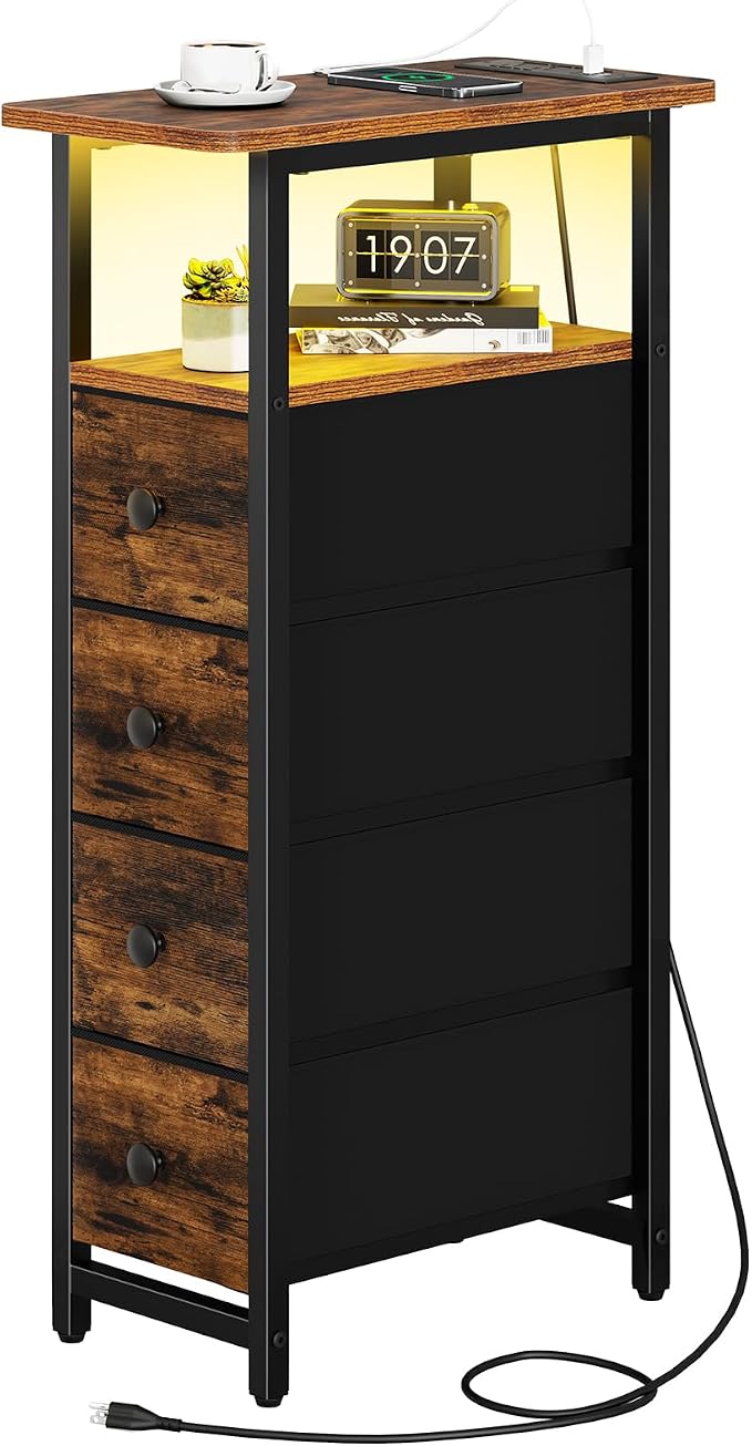 Yoobure LED Narrow Nightstand with Charging Station - Slim Dresser for Bedroom Narrow Side Table Storage Cabinet, Small Dressers Chest of Drawers, Tall Skinny Night Stand End Table for Small Spaces by Yoobure