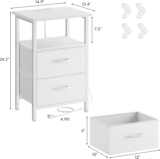 Vagusicc White Night Stand with Charger Station, LED Nightstand with 2 Fabric Drawers, Bedside Table with USB Ports and Outlets, Bed Side Tables with Storage Shelf, 24.2" Tall Nightstand for Bedroom - Image 3