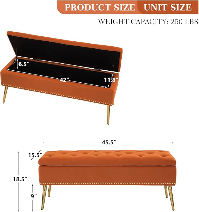 HULALA HOME Modern Velvet Storage Ottoman Bench with Gold Base & Nailhead Trim, Upholstered Bedroom Bench for End of Bed, Button-Tufted Footstool for Entryway Living Room Dining Room, Orange - Image 2