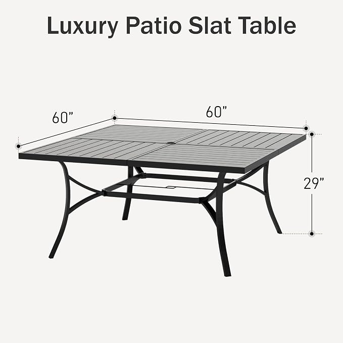 PHI VILLA Large Outdoor Square Dining Table for 8, 60" Metal Steel Slat Table with Umbrella Hole, Weather-Resistant Dining Fruniture for Patio, Deck, Backyard, Porch - Black - Image 3