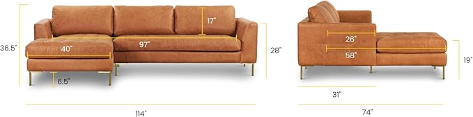 Poly & BARK Calle Left-Facing Sectional in Full-Grain Pure-Aniline Italian Tanned Leather in Cognac Tan and Brass Legs