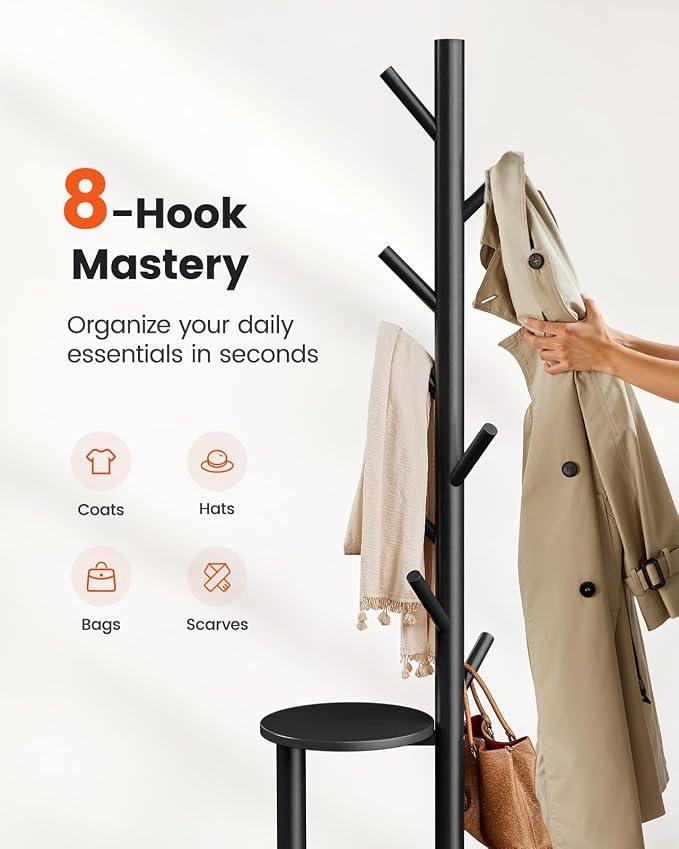 Pipishell Coat Rack, Freestanding Hall Tree with 8 Hooks & Storage Shelf, Solid Wood Base, 66.3″ Tall Coat Rack Stand for Coats, Hats, Bag in Entryway, Bedroom, Living Room, Black, PIFCR11B - Image 5