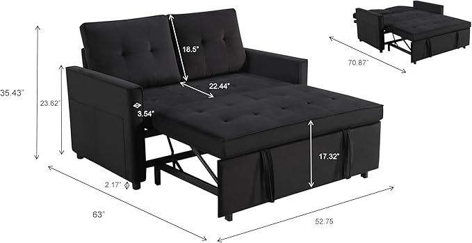 Casaphoria Pull Out Couch Bed, 3-in-1 Convertible Sleeper Sofa with Adjustable Backrest, Velvet Futon Loveseat with Side Pockets for Small Spaces, Living Room & Guest Room (Black)