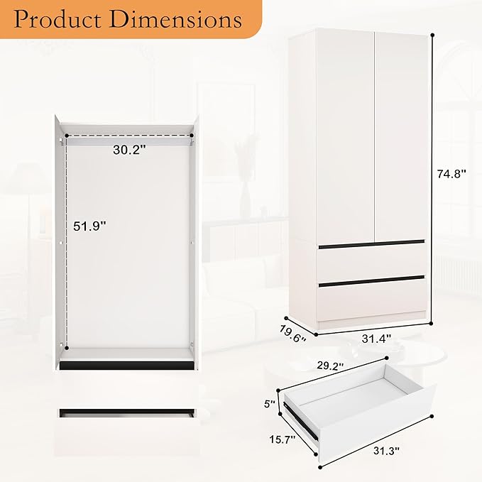 Armoire Wardrobe Closet with Drawers：75" Large White Wardrobe Closet Cabinet with 6 Doors for Hanging Clothes, Modern Wooden Bedroom Armoires with 6 Drawers and Storage (A+A+A, 94.5")