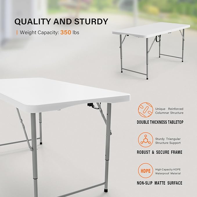 VINGLI 4 FT Plastic Folding Camping Table,3-Level Adjustable Height, Portable in/Outdoor Party Picnic Dining Desk, Garden Soccer Multipurpose Entertaining Activities，White - Image 3