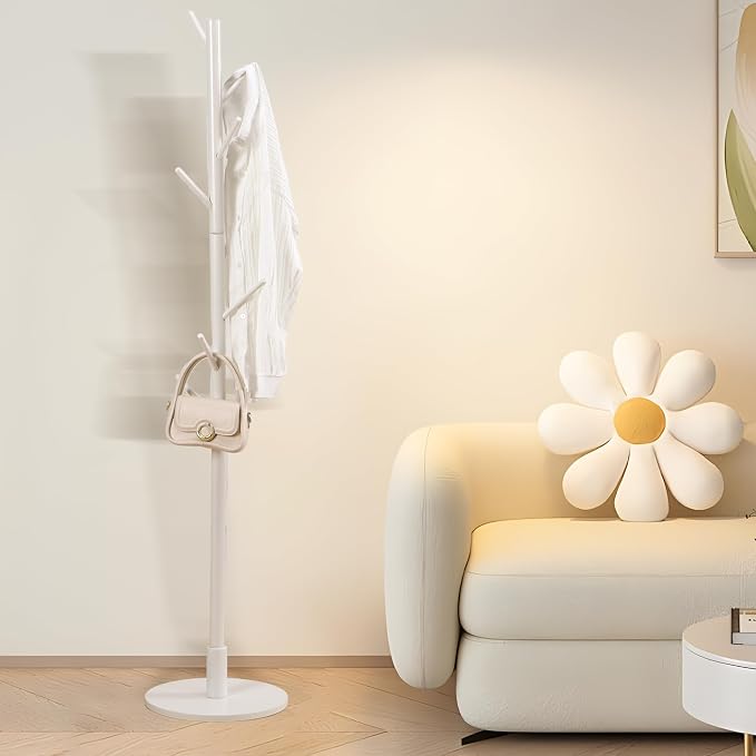 VECELO Coat Rack Freestanding, Entryway Hanger Stand, Umbrella Holder, Hall Tree With Hooks, Floor Standing Metal Tree Stand,White - Image 3