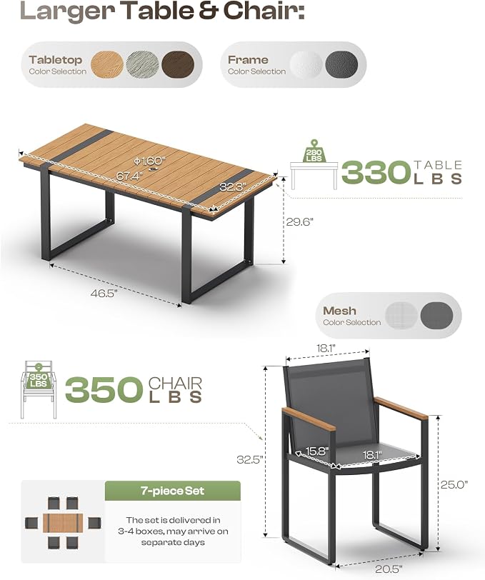 Outdoor Dining Set, HDPS + Aluminum Patio Table and Chairs Set with U-Shaped Base, 7 Piece Outdoor Furniture Set with Umbrella Hole, Patio Dining Table Set for Garden, Backyard (Gray-Teak) - Image 7