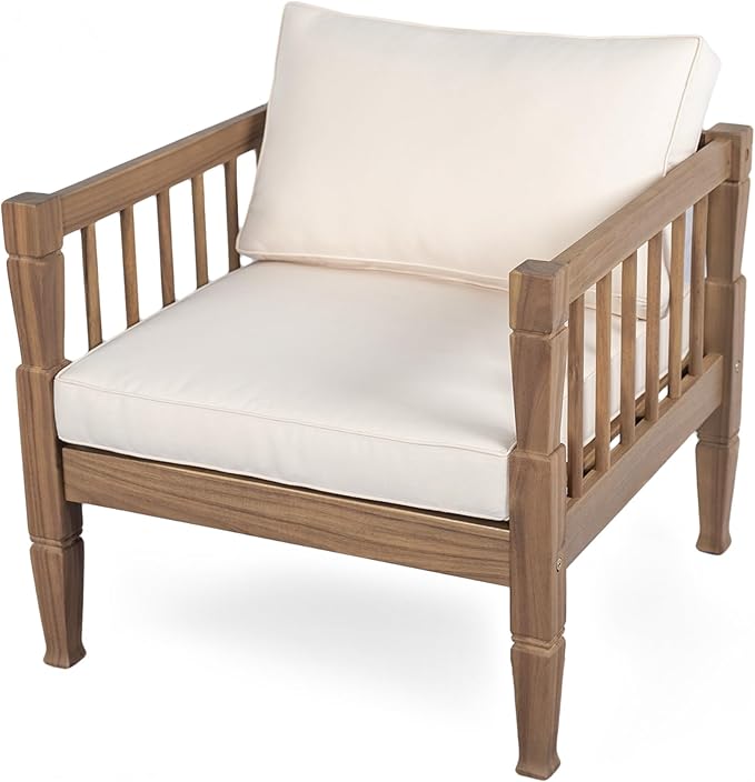 Christopher Knight Home 4-Piece Patio Furniture Set with Coffee Table, Acacia Wood Outdoor Conversation Set, 4 Seater Patio Sofa Set with Thick Cushions for Backyard,Balcony, Light Brown+Beige