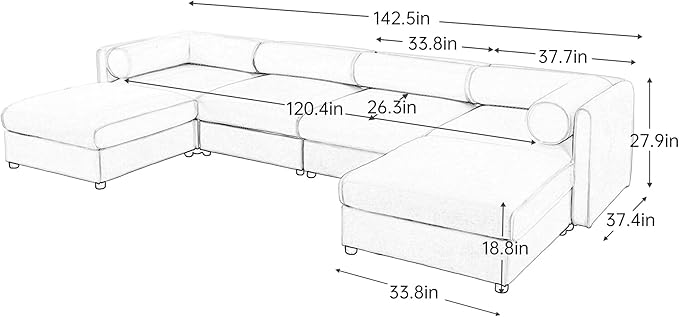 KEIKI 143" U-Shaped Modular Chenille Sectional Sofa with Storage Seat, 2 Ottoman, Modern Style 4-Seater Couch with Cylindrical Backrest and Armrests, Easy Assembly, for Apartment, Living Room, White