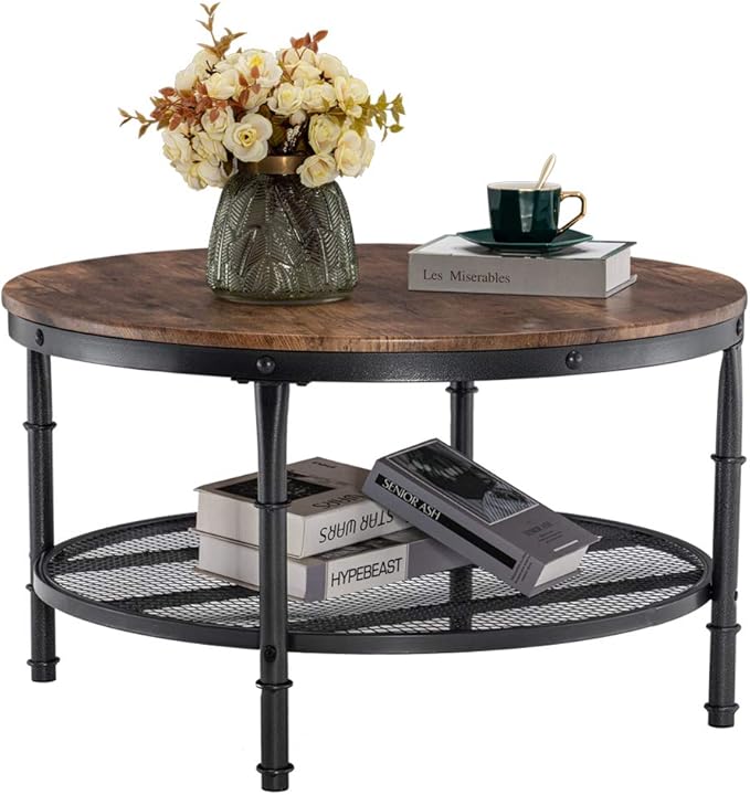 VINGLI Round Coffee Table with Storage - 31.5" Rustic Farmhouse Design, Industrial Style with Metal Shelf