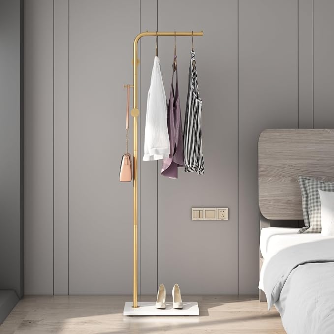 TIEOU Gold Coat Racks, Metal Coat Racks Freestanding with Crossbar and 3 Hooks, Modern Coat Hanger with Marble Base, L Shaped Coat Stand for Entryway, Bedroom, Living Room, Office by TIEOU-HomePartner