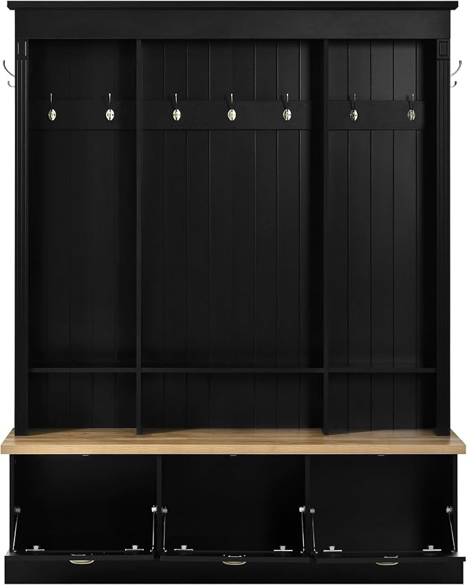 LUMISOL Hall Tree with Storage Bench, Entryway Coat Rack with LED Light and 3 Large Cabinets, Entryway Bench with Shelves and 9 Hooks, for Entrance Mudroom Living Room, Black - Image 9
