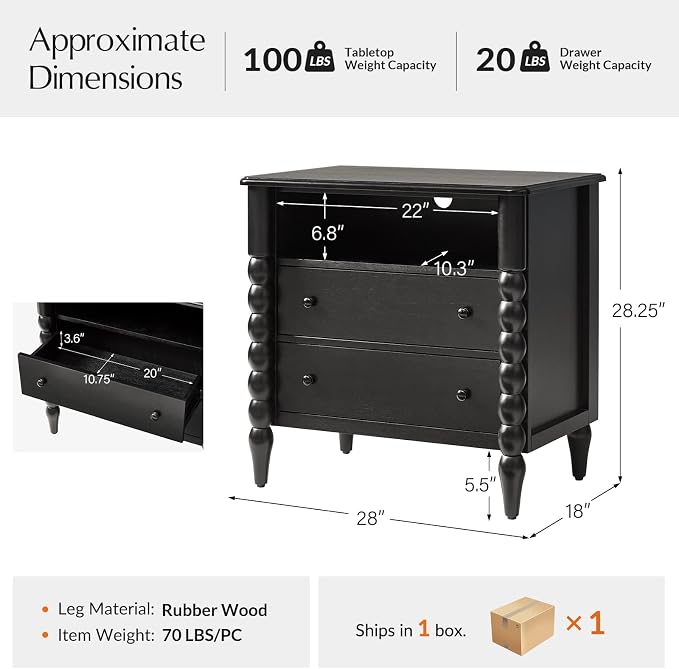 HULALA HOME Farmhouse Storage End Table with Spindle Columns, 2 Drawers and Open Shelf Side Table, Solid Wood Fluted Side Table with Charging Station, Black - Image 2
