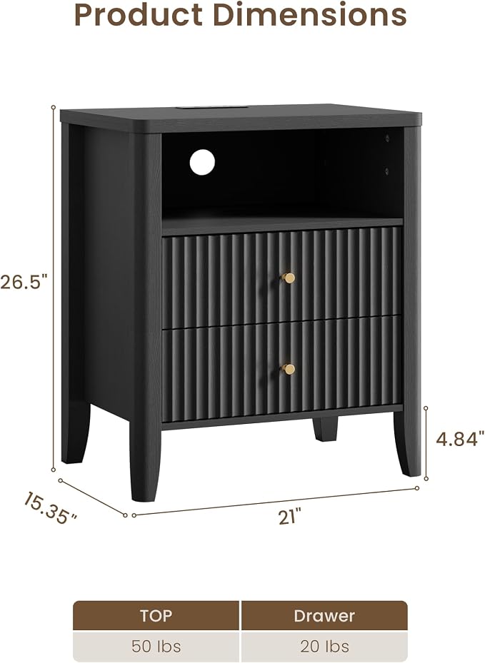 Nightstand with Charging Station, 21" Fluted Bedside Table with 2 Drawers & Open Shelf, Modern End Table with Storage for Bedroom, Black - Image 2