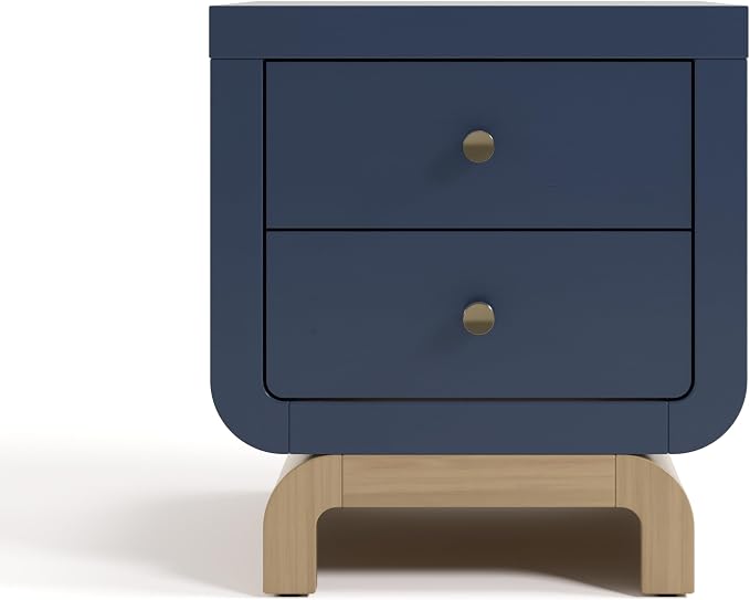 Storkcraft Santorini 2 Drawer Nightstand (Midnight Blue & Driftwood) - GREENGUARD Gold Certified Nightstand for Kids Bedroom, Premium Wood with Curved Base, “Champagne” Metal Knobs - Image 8