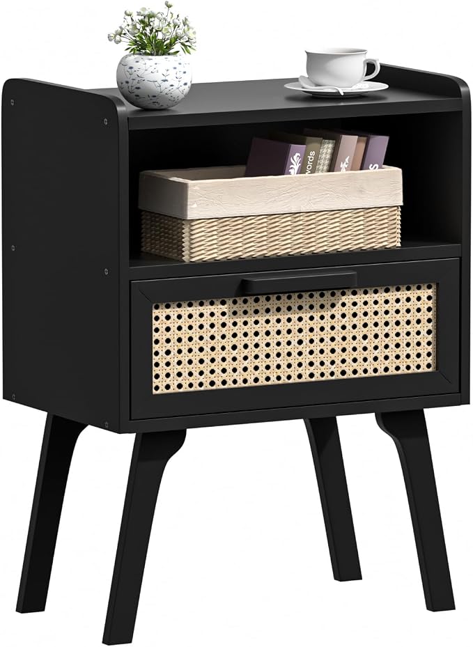 Lerliuo Rattan Nightstand, Bedside Table with Drawer Open Shelf, Cane Accent Side End Table with Solid Wood Legs, Black Mid Century Night Stand for Bedroom, Dorm and Small Spaces by Lerliuo