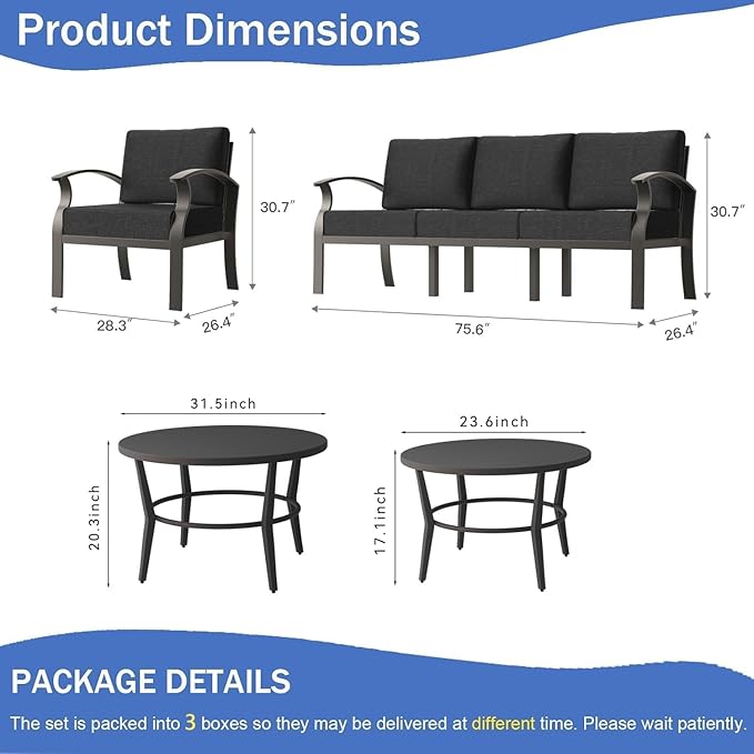 Aluminum Patio Furniture Set with 2 Round Coffee Tables, 5 Seats Outdoor Patio Conversation Sets w/5.1" Cushions,Patio Conversation Sets for Garden, Backyard, Porch-Black