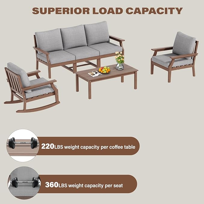 HDPE Patio Conversation Set, 6-Piece All Weather Outdoor Furniture Set with 1 Single Rocking Armchairs for Deck, Lawn, with Cushion, Brown
