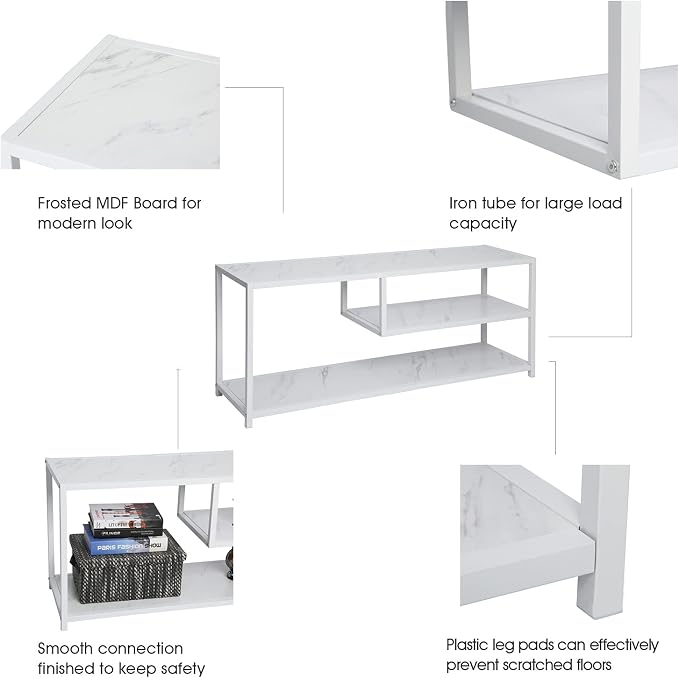 Function Home TV Stand for TVs up to 55 Inch, 3 Tier Entertainment Center, Media Console with Open Storage Shelves for Living Room Bedroom, 47” Modern TV Table with Wood Top White Metal Legs - Image 8