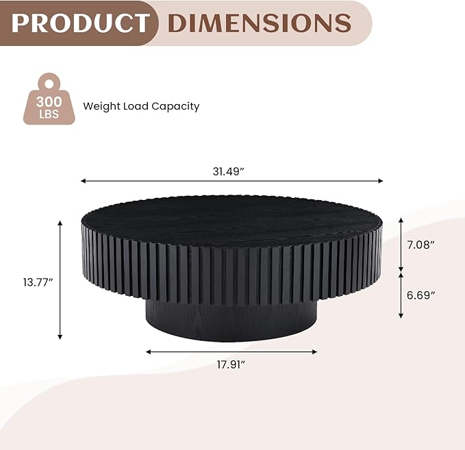 31.49" Round Coffee Table Wood, Modern Unique Circle Coffee Table, Contemporary Oak Drum Fluted Accent Side Table Center for Living Room, Small Space, Apartment, Black