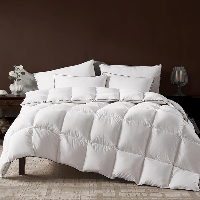 Goose Feather Down Fiber Comforter Full Size, Fluffy Cotton Quilted White Duvet Insert, Ultra-Soft, Breathable, Luxury Bedding Comforter All Season Medium Warmth with Corner Tabs, 82x 86Inch