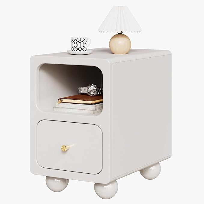 Solid Wood Nightstand, Narrow Night Stand with Drawers, White Mid Century Modern Nightstand, Small Beside Table with Open Storage Shelf for Bedroom (12 inch) by MVPSONAG