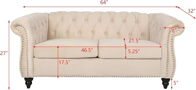 LEVNARY Velvet Sofa, Chesterfield Tufted Upholstered 2 Seater Couch, Modern Loveseat Couch Classic Furniture for Living Room Bedroom (Beige)