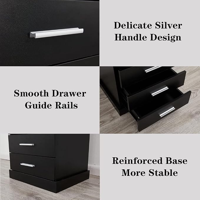 Halitaa Black LED Nightstand with Charging Station, Side Table with 3 Drawers and Light, End Table with Open Storage, Beside Cabinet for Bedroom (Black) - Image 8