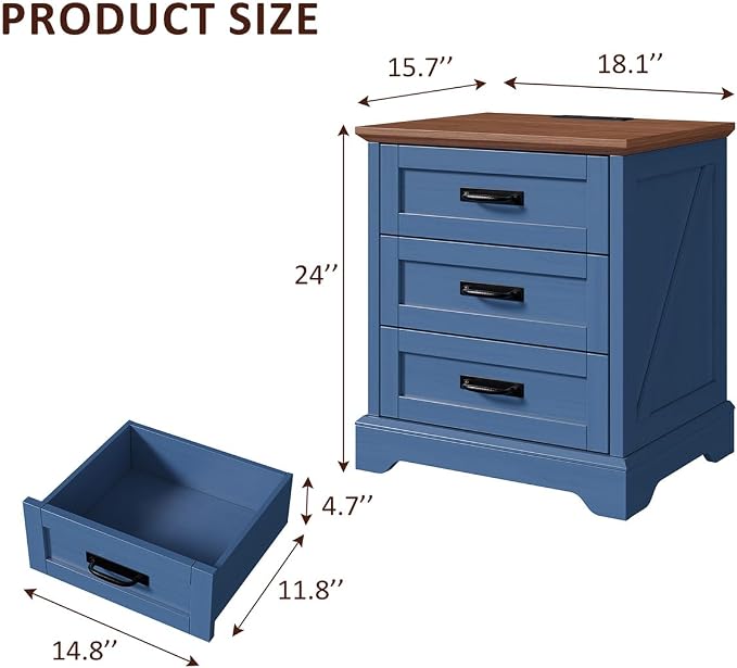 Whalefall Farmhouse Nightstand with Charging Station, 3 Drawers Bedside Table, 22 inch Wide End Table for Bedroom, Blue - Image 2