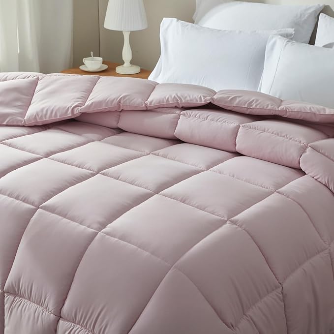 BedTreat Down Alternative Comforter Twin Duvet Insert with Corner Tabs, All Season Quilted Bed Comforter Box-Stitched Twin Comforter Light Pink，Machine Washable Microfiber Bedding