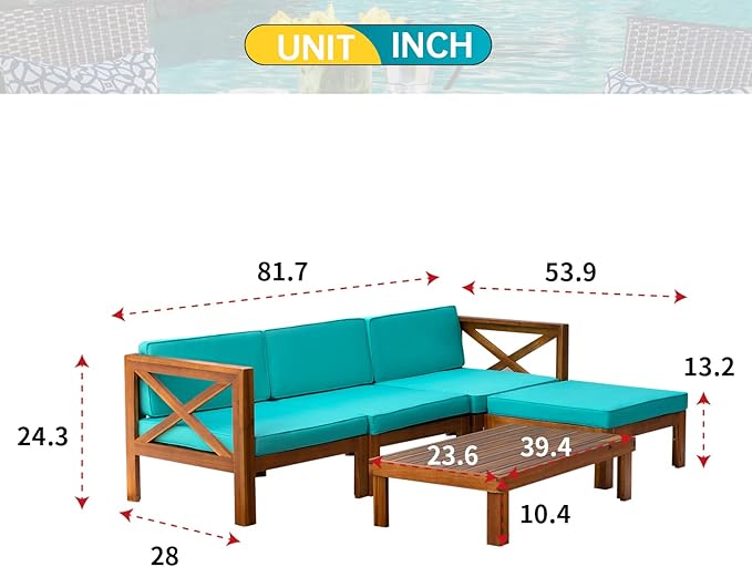 5-Piece Acacia Wood Outdoor Sofa Set Patio Bistro Set Furniture Outdoor Chat Conversation Table Chair Set with Water Resistant Cushions and Coffee Table for Beach Backyard Garden
