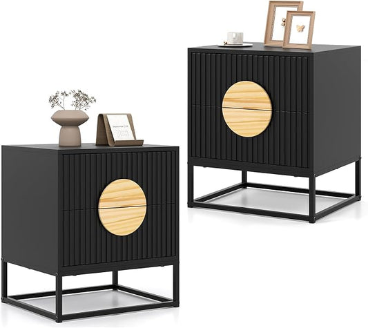 Giantex Fluted Nightstand with 2 Drawers Set of 2, Black Wood Bedside Table with Natural Circle Handle & Metal Frame, Minimalist Accent End Table, Mid Century Modern Night Stand for Bedroom by Giantex