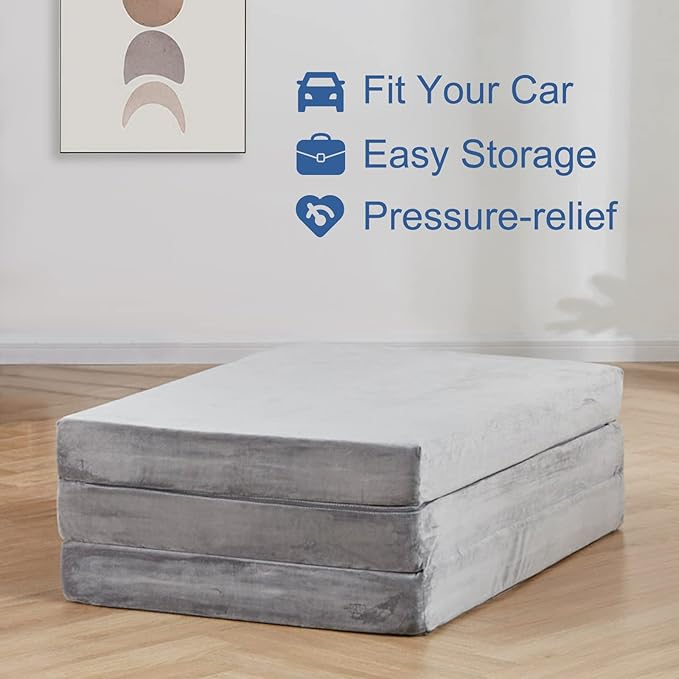 SINWEEK 3.95in Queen Folding Topper with Storage Bag - Foldable Trifold Floor Mat Topper, CertiPUR-US Certified Guest Sleeping Pad, Machine Washable Cover