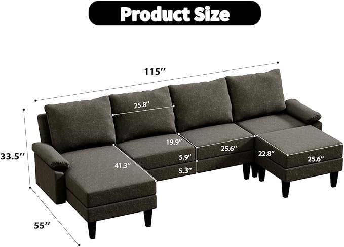Sectional Couches for Living Room, Convertible 4 Seat Modular Sectional Sofa Set for Living Room, L Shaped Couch or U Shaped Couch with Ottoman for Apartment, Brown