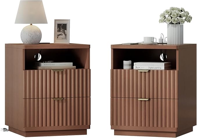 Nightstand with Charging Station, Night Stand with Open Shelf and 2 Drawers for Bedroom, Side Table Bedside Table with USB Ports & Outlets, Small Nightstand End Table (Walmut) - Image 9