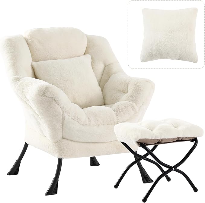 Lazy Chair with Ottoman, Large Lvory Accent Chair with Ottoman and FA Throw Pillow, Comfy Plush Reading Chair for Living Room Bedroom Dorm Room Office Apartment Relaxing Use