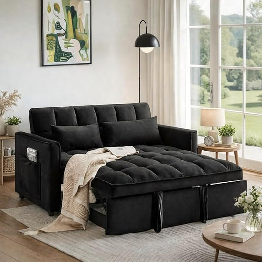 Convertible Sofa Bed, Love Seat Sleeper Bed with Side Pockets, 3 in 1 Velvet Fabric Pull Out Couch with Adjustable Backrest for Living Room, Bedroom, Apartment, Black