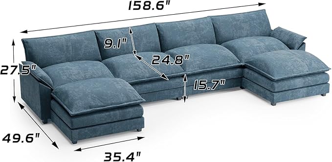 Shahoo Sectional Modular Sofa U Shaped Chenille Fabric Couch with High Supportive & Soft Sponges and Removable Ottoman, Sleeper Comfy Upholstered Furniture for Living Room, Blue