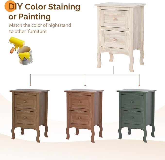 VINGLI Unfinished Solid Wood Nightstand for Color DIY, Small Nightstand for Bedroom, Natural Wood Night Stand with Drawers, Light Wood Night Stand, Real Wooden Bed Side Table/End Table - Image 4