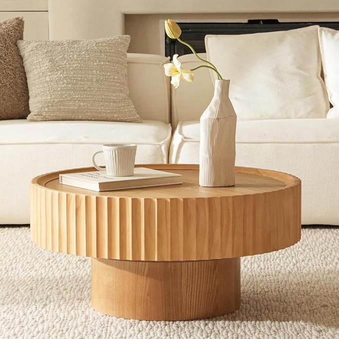 Round Coffee Table, 30.3in Modern Living Room Table, Fluted Drum Circle Tea Table with Storage, Accent Center Tables for Living Room, Apartment, Small Space(30.3''L×13.7''H) (Nature Wood)