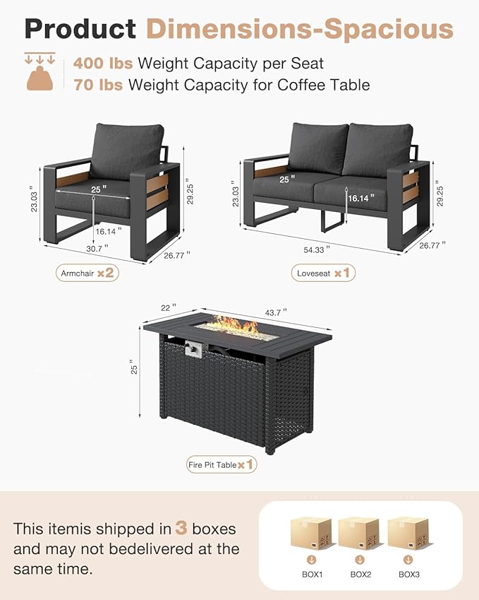 Aoxun Aluminum Patio Furniture Set with Fire Pit Table, 4 Piece Luxury Outdoor Sectional with 6" Olefin Fabric Cushions, Patio Conversation Sets with Waterproof Cover for Backyard, Porch Dark Grey