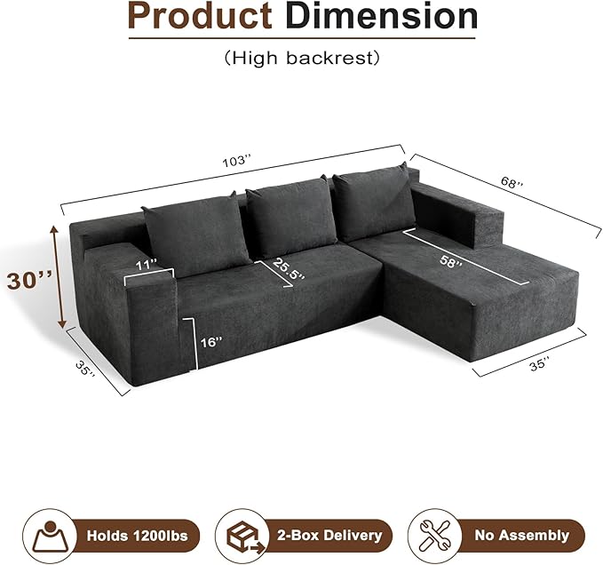 103" Boneless Sectional Couch with Right Chaise, Modular L Shaped Couches for Living Room, Large Gray Minimalist Modern Deep Seat Floor Sofa, No Assembly