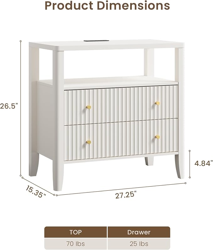 Nightstand with Charging Station, 27.3" Wide Fluted Bedside Tables with 2 Drawers & Open Shelf, Large End Tables with Storage, Metal Handle & Rounded Corners for Bedroom,Alabaster White - Image 2