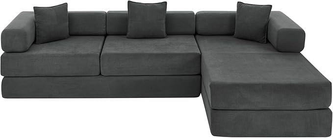 Eafurn L Shaped Convertible Sleeper Sofa Bed King Size Sleeper Sofabed, 7-in-1 DIY Combination Corduroy Folding Mattress Couch with Fixed-Shape Frame, Boneless Floor Sofa Couch