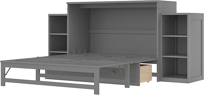 Bellemave Full Size Murphy Bed, Cabinet Bed with 2 Shelves and Storage Drawers, Farmhouse Murphy Cabinet, Noisy Free, for Guest Bedroom, Living Room, Office, Light Gray