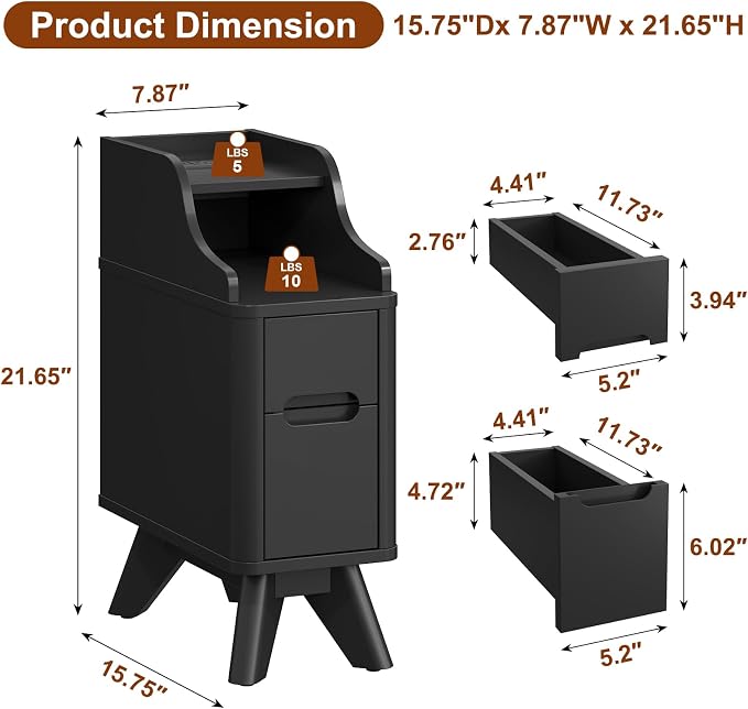 Narrow Side Table, Wooden Small 2 Drawer Nightstand with Charger Station, Thin Couch Side End Table, Skinny Bedside Table Small Spaces, Mid Century Modern Night Stand with Drawers, Black - Image 2