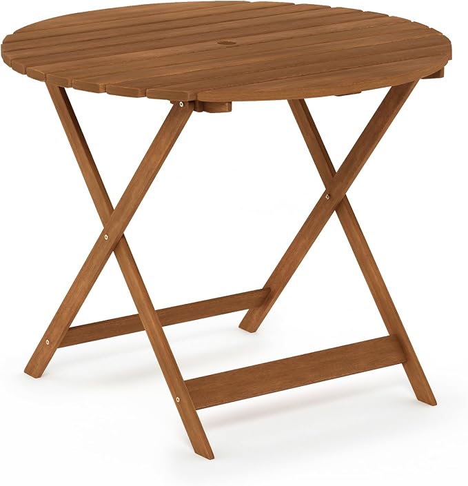 Furinno TIOMAN Folding Patio Dining Table, 35-Inch Round Outdoor Wooden Table with Umbrella Hole, 2-4 Person Patio Table for Garden, Balcony, Porch, Light Wood - Image 6