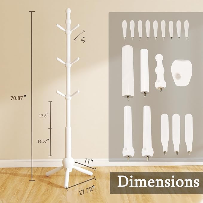 Solid Wood Coat Rack Stand, Morden Heavy Duty Coat Hanger Stand with 9 Hooks, 3 Adjustable Size Sturdy Coat Tree for Living Room, Entryway, Office, Hallway, White - Image 3